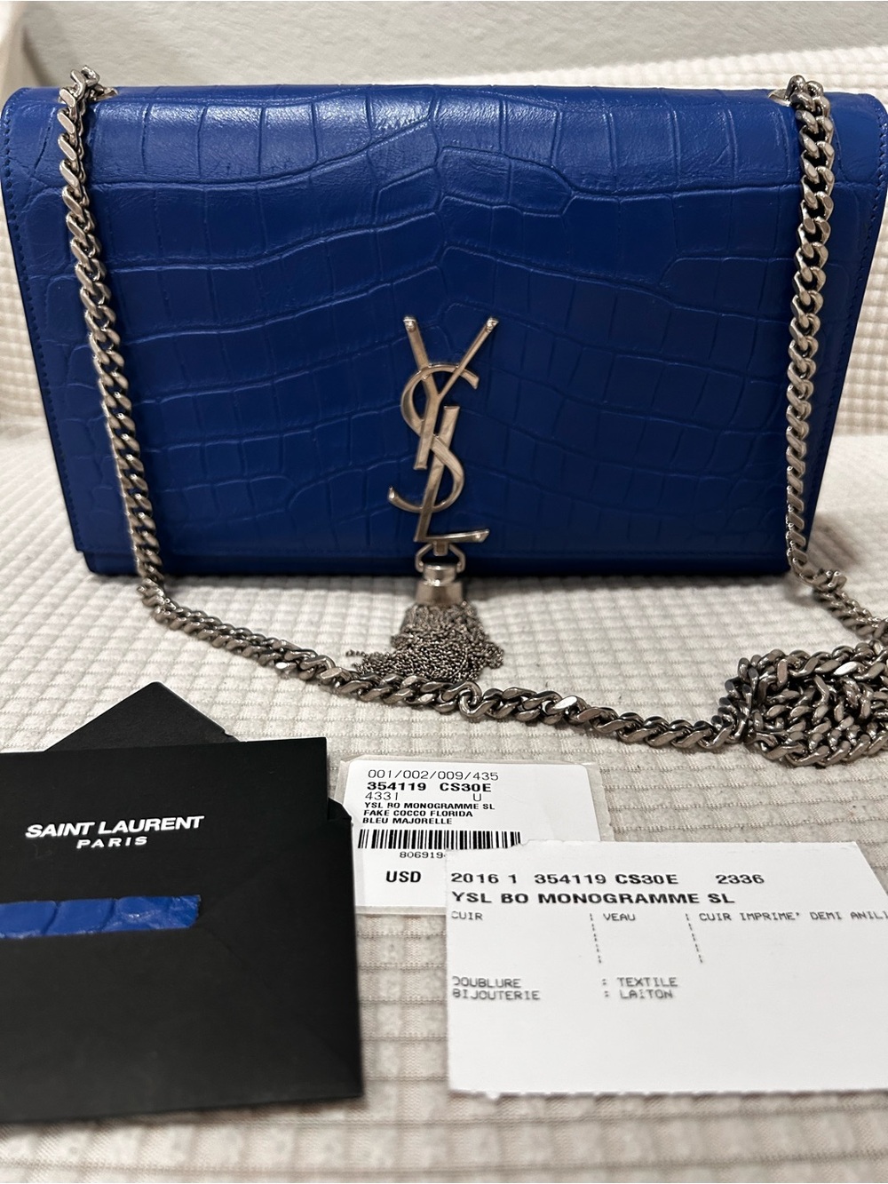 Authentic Saint Laurent Cobalt Croc-Embossed Monogram Kate Medium bag